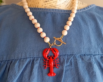 Lobster Charm Necklace, Trendy Charm Necklace, Nautical Necklace, Whimsical Necklace, Sea Charm Necklace, Summer Beaded, Red Lobster Jewelry