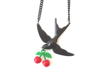 Vogel Halskette, Vogel Halskette für Frauen, Vogel Halskette handgemacht, Vogel Halskette schwarz, Kirsche Halskette, viktorianischer Vogel Halskette, Geschenk