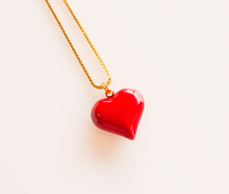 Gold Chain Heart Necklace, Red Heart Charm necklace, Valentine's Day Gift for Her, Romantic Jewelry, Red Heart Necklace, Cute Heart Necklace image 3