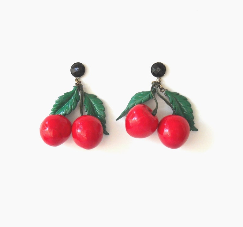 Large cherry earrings, Long Stud Red Statement Earrings, Bold Trendy fashion jewelry, Fruit Jewelry image 1