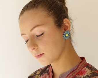 Vintage 50s Floral Stud Earrings, Colorful Flower Statement Earrings
