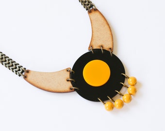 Modern Bib Necklace, Geometric Necklace, Massive Chain, Statement Necklace Wood Necklace Big, Black Necklace Yellow, Unique Necklace for her