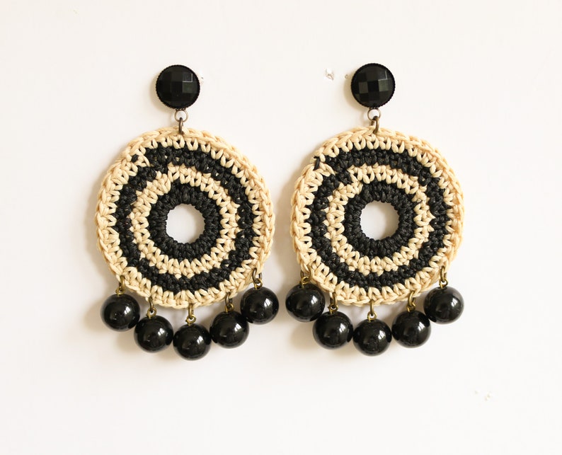 Black earrings, Beaded Earrings, Statement earrings Trendy, Round Earrings, Textile Earrings , Dangle Earrings Drop, Boho Earrings Hippie image 1