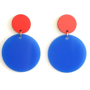 Geometric Earrings Blue, Circle Earrings, Statement Earrings Modern, Drop Earrings Dangle, Colorful Earrings Trendy, Large Earrings Red image 2