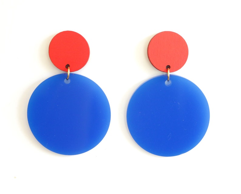 Geometric Earrings Blue, Circle Earrings, Statement Earrings Modern, Drop Earrings Dangle, Colorful Earrings Trendy, Large Earrings Red image 2