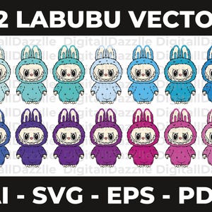 May include: A digital graphic featuring 12 Labubu characters in various colors, including blue, teal, purple, and pink. The text "52 LABUBU VECTOR" is at the top, with "AI - SVG - EPS - PDF" at the bottom. The characters have bunny ears and a distinctive facial expression.