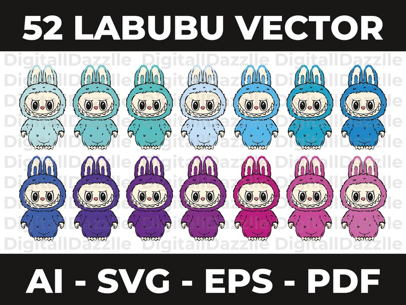 May include: A digital graphic featuring 12 Labubu characters in various colors, including blue, teal, purple, and pink. The text "52 LABUBU VECTOR" is at the top, with "AI - SVG - EPS - PDF" at the bottom. The characters have bunny ears and a distinctive facial expression.