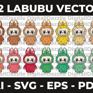 May include: A digital graphic featuring 12 Labubu characters in various colors, including brown, orange, yellow, pink, red, and green. Each character has a bunny-like hood and a distinctive, slightly unsettling expression. The text "52 LABUBU VECTOR" is at the top, with file type options below.