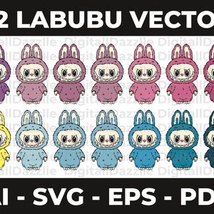 May include: A digital illustration featuring 12 Labubu characters in various colors, including purple, pink, blue, and yellow. The characters have bunny ears and a distinctive, slightly menacing grin. Text at the top reads "52 LABUBU VECTOR", with file type options below.