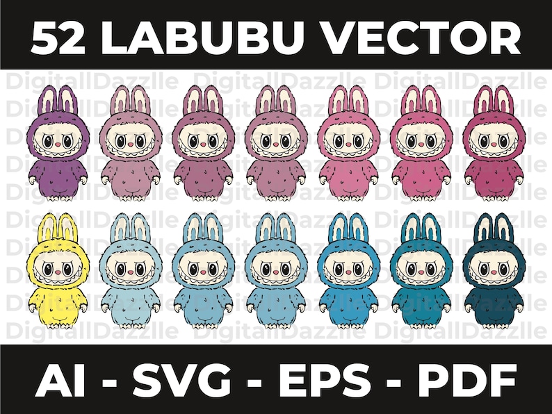 May include: A digital illustration featuring 12 Labubu characters in various colors, including purple, pink, blue, and yellow. The characters have bunny ears and a distinctive, slightly menacing grin. Text at the top reads "52 LABUBU VECTOR", with file type options below.