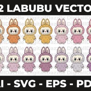 May include: A collection of 16 cartoon Labubu characters in various colors, including brown, orange, yellow, pink, and purple. The characters have bunny ears and a wide, toothy grin. Text at the top reads "52 LABUBU VECTOR". Below are the file types: AI, SVG, EPS, and PDF.