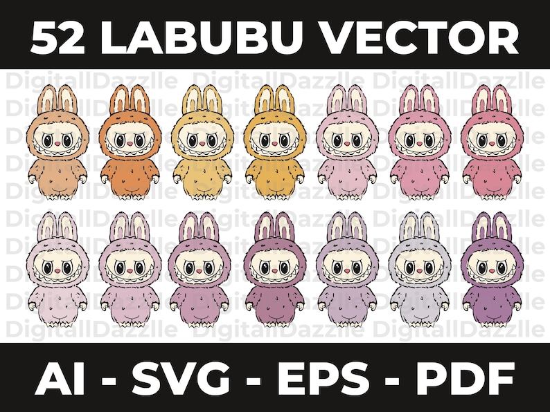 May include: A collection of 16 cartoon Labubu characters in various colors, including brown, orange, yellow, pink, and purple. The characters have bunny ears and a wide, toothy grin. Text at the top reads "52 LABUBU VECTOR". Below are the file types: AI, SVG, EPS, and PDF.