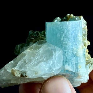 Könnte beinhalten: Ein rohes Mineralexemplar mit einer markanten, durchscheinenden hellblauen Aquamarin-Kristallsäule, die an einer Ansammlung von weißem Quarz und dunkelgrünen Glimmerformationen haftet und natürliche geometrische Facetten zeigt.