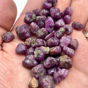 May include: A collection of small, raw, unpolished ruby gemstones with a deep magenta and purple hue. The stones have irregular, jagged shapes and a natural, matte texture with some translucent areas visible across the cluster of crystals.