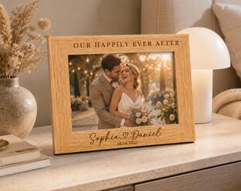 Personalized Wedding Photo Frame, Engraved Wooden Picture Frame, Custom Couple Gift, Anniversary Frame, Newlywed Gift