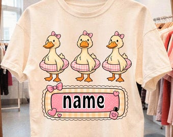 Duck Trio Summer PNG, Personalized Girl Shirt Design, Custom Name Duck Graphic, Toddler Sublimation PNG, Beach Outfit