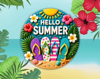 3D Welcome PNG Hello Summer Sublimation Clipart Flip Flops Wreath Beach House Door Decor Round Wind Spinner Patio Sign DTF Transfer Design