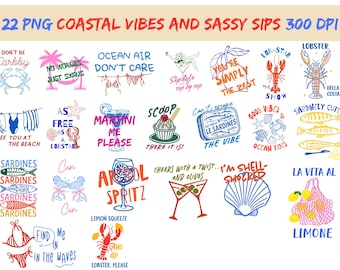 Coastal PNG Bundle, Beach Sublimation Bundle, Summer PNG Bundle, Lobster Png, Cocktail PNG, Coastal Shirt Designs