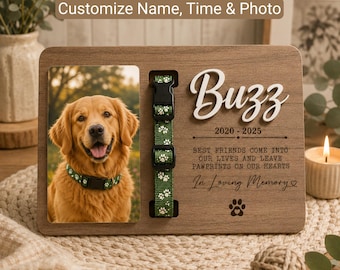 Pet Memorial Plaque, Personalized Pet Loss Gift, Dog Memorial Photo Frame, Pet Collar Holder, Cat Remembrance Gift