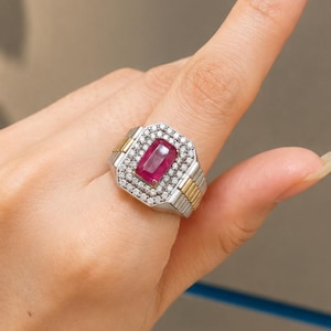Natural Afghan Red Ruby Ring | GGI certified Ruby Stone | Diamond Halo Silver Statement Ring | July Birthstone | wedding day gift for him