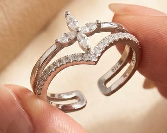 925 Sterling Silber Marquise Brautring Set, gebogener Ehering, Zirkon Verlobungsring, stapelbarer Versprechensring, Geschenk für sie