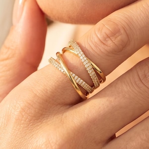 Gold Wrap Adjustable Zircon Crossover Ring, 18K Gold Plated Statement Ring, Pavé Open Ring, Minimalist Jewelry Gift for Her