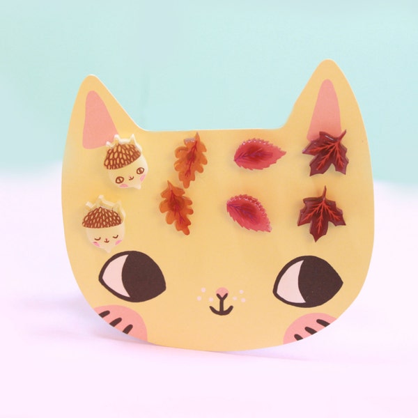 Cat Earrings. Autumn Leaves. gift for her. cat lover gift. acorn earrings. cat jewelry. autumn leaf earrings.stud earrings.handmade earrings
