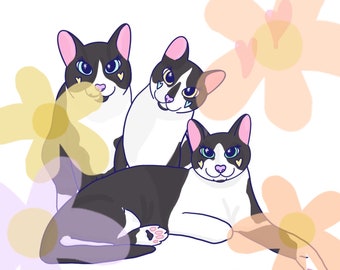 3 Pets in Portrait / Mother's Day / Custom Pet Portrait / Digital Pet Portrait