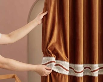 Cortina de terciopelo con estampado de lujo y ribete ondulado: para salón y dormitorio | Tamaño personalizado