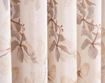 Cortina transparente con estampado floral y aspecto de lino: para salón y dormitorio | Tamaño personalizado