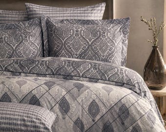Juego de funda nórdica de algodón con estampado paisley bohemio, ropa de cama étnica gris, decoración de dormitorio suave y transpirable