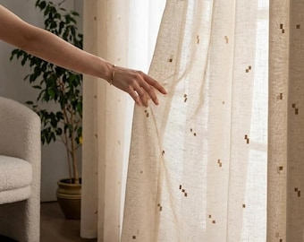 Cortina transparente de lino bordada / Cortina de voile minimalista / Cortinas a medida / Decoración Japandi