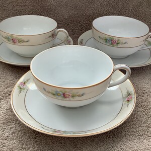 Three Noritake Sedan Nippon Cups and Saucers Made in Japan Prior to 1940s. Twelve available.