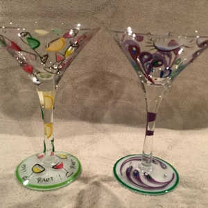 Two Hand Painted Martini or Wine Glasses