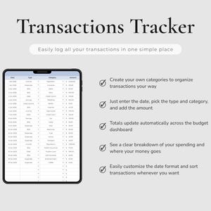 Transactions Tracker of the Monthly Budget Spreadsheet for Google Sheets for logging income and spending