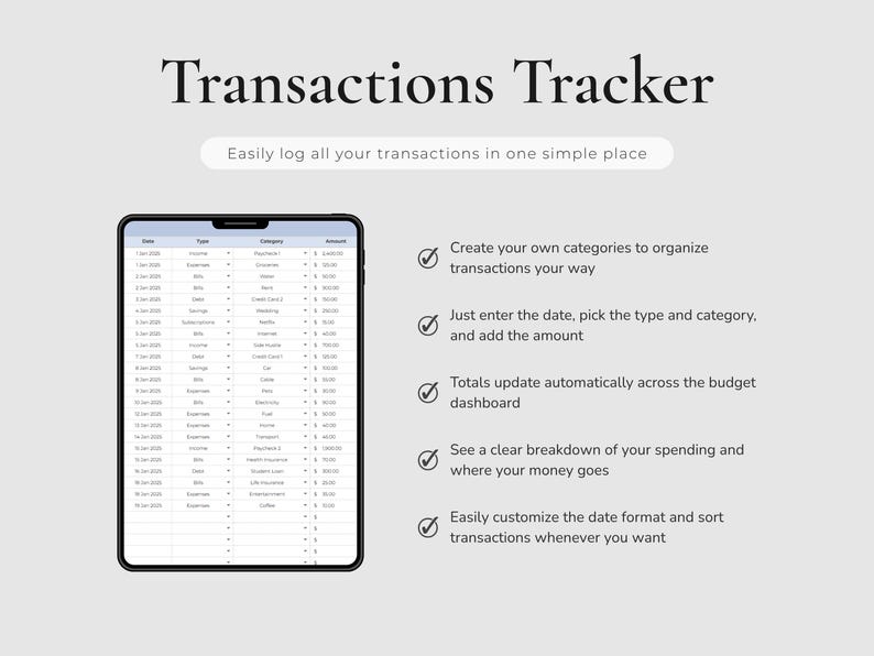 Transactions Tracker of the Monthly Budget Spreadsheet for Google Sheets for logging income and spending