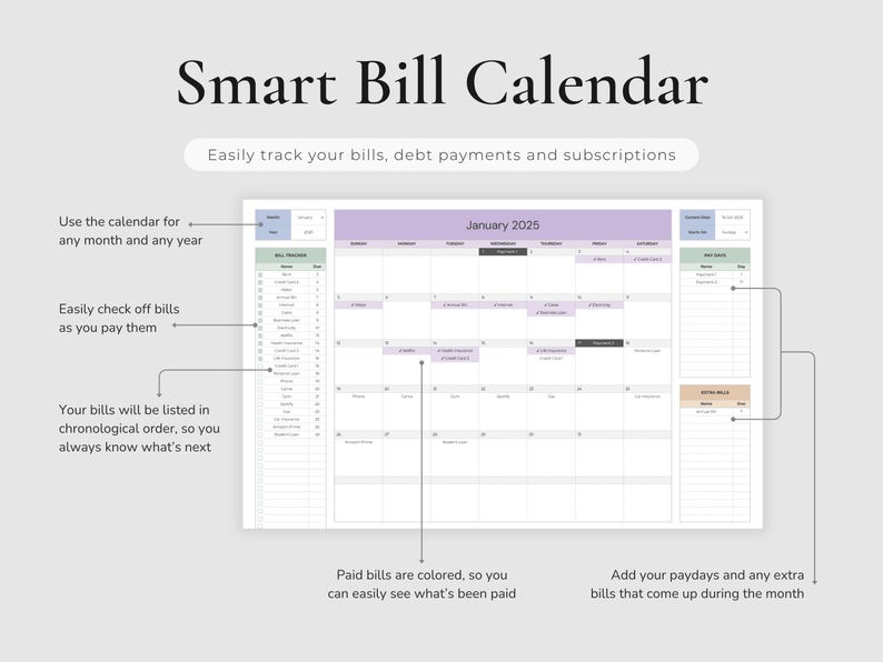 Bill Calendar of the Monthly Budget Spreadsheet, used for tracking bills and payments