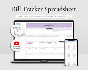Hoja de cálculo de Google Sheets para el seguimiento de facturas, calendario de facturas, organizador mensual de facturas, planificador de pagos, plantilla para el seguimiento de suscripciones, planificador financiero