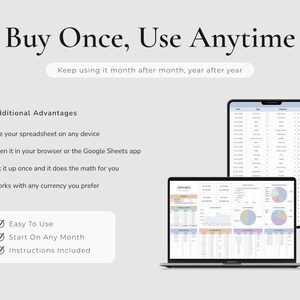 Additional features of the Monthly Budget Spreadsheet for Google Sheets, including easy access on any device, google sheets platform, automatic updates and support for any currency