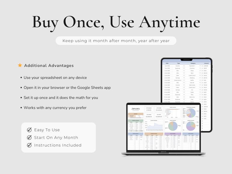 Additional features of the Monthly Budget Spreadsheet for Google Sheets, including easy access on any device, google sheets platform, automatic updates and support for any currency