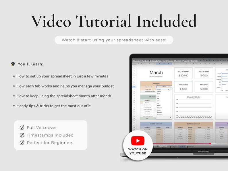 Video tutorial and step by step instructions of the Monthly Budget Spreadsheet for Google Sheets