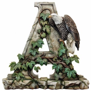Lettre de pierre de A à Z | Clipart aigle et lierre | Alphabet 3D PNG JPG SVG