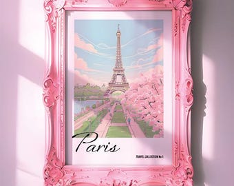 Eiffel Tower Paris Print, Pastel Cherry Blossom Illustration (Digital Download)