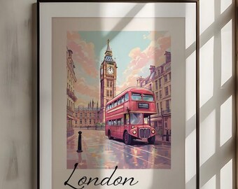 London Travel Print, Big Ben and Red Bus, Retro Cityscape Art (Digital Print)