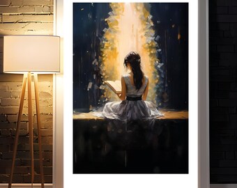 Girl Reading Art Print, Golden Light Book Lover Gift (Digital Download)