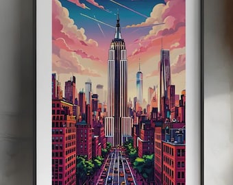 Empire State Building Print, Retro NYC Skyline, Sunset Cityscape (Digital Download)