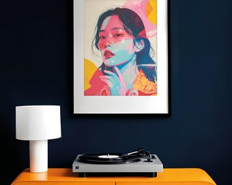 Neon Portrait Print, Colourful Modern East Asian Woman Art (Digital Download)