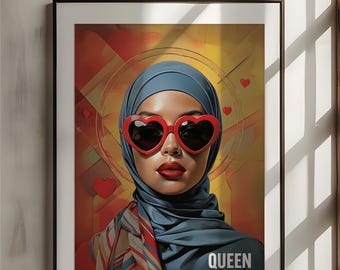 Hijabi Pop Art Print, Confident Muslim Woman, Heart Sunglasses (Digital Download)