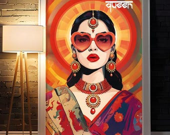 Indian queen digital art, Bollywood glam wall decor, Modern Indian portrait, Digital fashion illustration, Royal Indian woman print