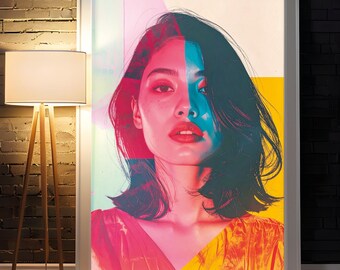 Colour Block Neon Portrait, Modern Pop Art Woman, Abstract Fashion Wall Art (Digital Download)